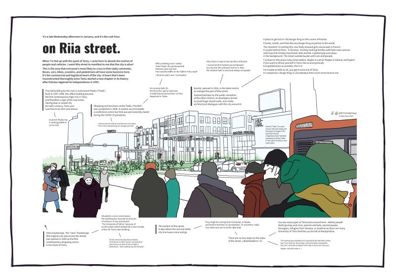 Artwork 'On Riia Street' - people at a bus stop in front, shopping centre Kvartal in the background