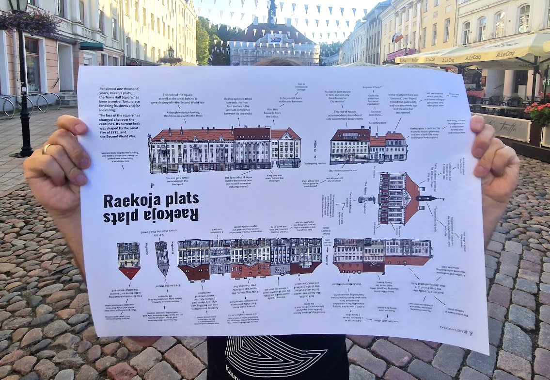 Kalle Paas hoiab käes ühte oma tööd ja seisab Raekoja platsil